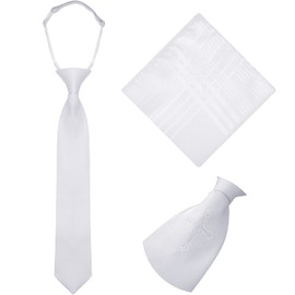 2 Pieces Boys Communion Tie and Hanky Set Include Tie and Folded Handkerchief with Cross Pattern for Baptism(White)
