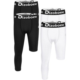 Dizoboee Youth Boys Compression Pants One Leg 3/4 Leggings for Sports Kids Basketball Tights Baseball Football Pants 4 Pack, Black+Black+White+White (Left Short) XL