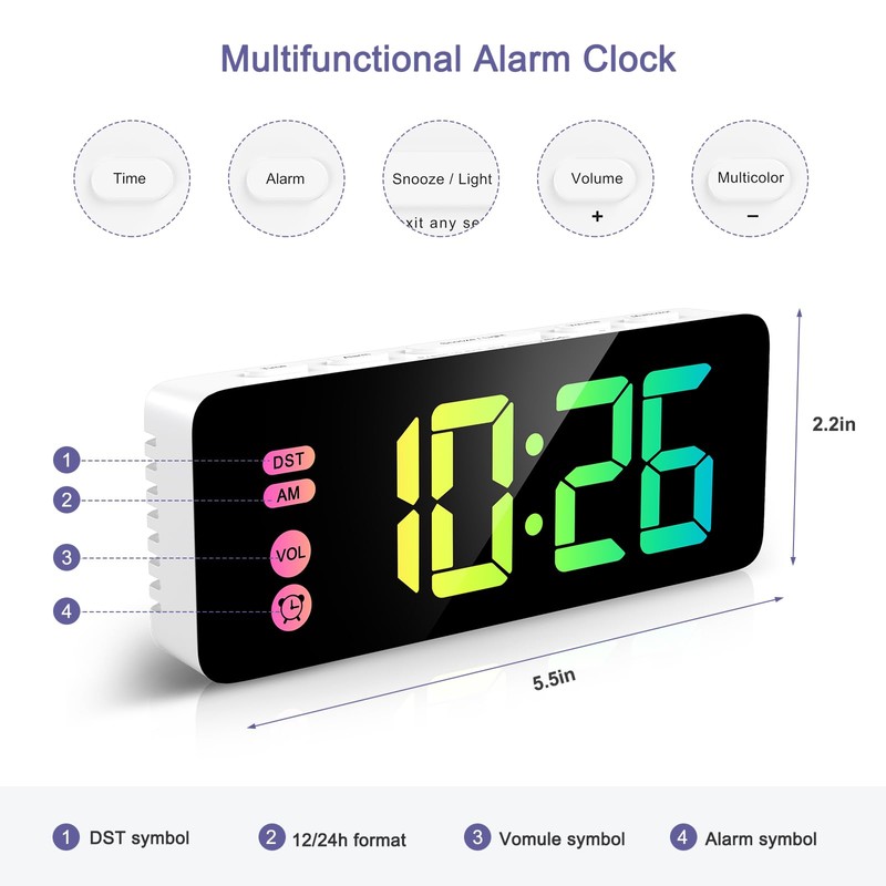 OQIMAX Digital Alarm Clock LED Display RGB Alarm Clocks Bedside