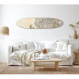 Creative Co-Op Coastal Decorative Surfboard Wall Décor for Living Room; Contemporary Wave Design Overlaid On Light Natural Wood, 65.5"
