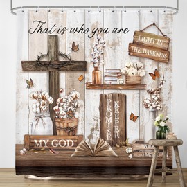 LIGHTINHOME Rustic Bible Verse Shower Curtain 72Wx72H Inches Christian Farmhouse Cross Inspirational Quotes Scriptures Holy Country Bathroom Decor Fabric Waterproof Polyester Set with Hooks
