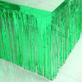 CareCheer 2 Pack 29x108 Inch Green Metallic Foil Fringe Table Skirt Tinsel Skirting Garland Banner for Parade Floats Trailer Mardi Gras Birthday Baby Shower Wedding St. Patrick's Day Party Decoration