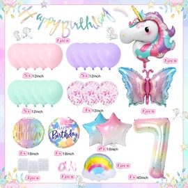 TOLOYE 7th Birthday Decoration for Girls, Unicorn Butterfly Theme Party Decorations, Pastel Birthday Decorations with Unicorn Butterfly Star Foil Balloons, Girls Birthday Party Supplies for 7 Years