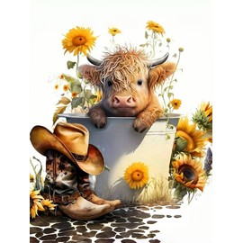 igoodom Cow Diamond Painting Kit for Adults, Sunflower Diamond Art Kits for Beginners, Full Drill Round Gem Art Diamond Painting for Home Wall Decor Gift 12x16inch