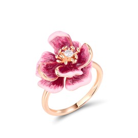Santuzza Peony Ring 925 Sterling Silver White Cubic Zirconia Enamel Reddish Pink Flower Statement Ring for Women(8)