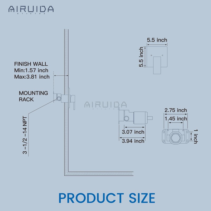 Airuida Square Shower Handle Wall Mount Brass Faucet Shower Rough-In