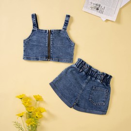 Toddler Baby Girls 2pcs Jeans Outfits, Denim Zipper Off-Shoulder Suspender Crop Tops+High Waist Jeans with Pockets 1-6Y(9#-Blue,5-6X)
