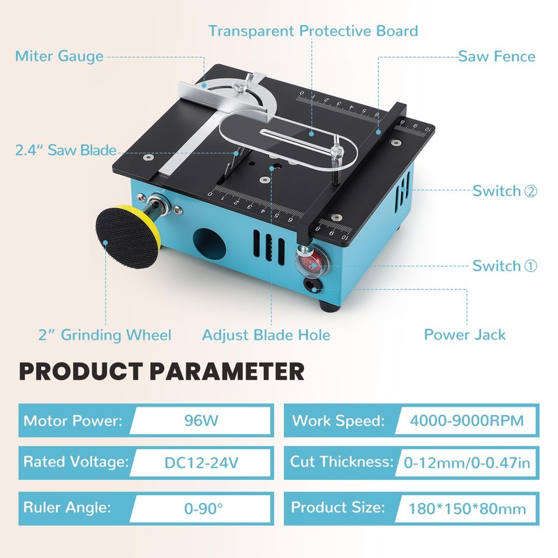 Bonoutil Mini Table Saw, 96W Dual Motor Control 4 Blades