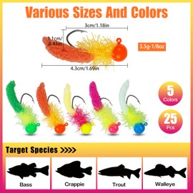 Crappie Jigs Marabou Feather Hair Jigs Heads with Feather Hand-Tied Fishing Hair Jig Fly Fishing Lures for Panfish Sunfish Walleye 12/25pcs 5 Colors 1/8oz