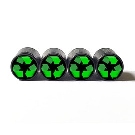 Green Recycle Tire Valve Caps - Black Aluminum - Set of Four