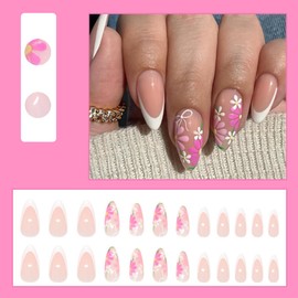 White French Press on Nails Medium with Bow Pink Flowers Designs Almond Fake Nails Nude False Nails Full Cover Glossy Acrylic Nail Art Tips Artificial Nails for Women Manicure 24 Pcs