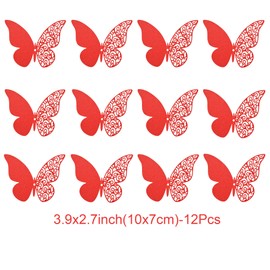 Pengcen 12 Pcs 3D Butterfly Wall Stickers,DIY Wall Decor,Removable Paper Butterflies Sticker,Decoration Kids Bedroom and Wedding,Red,Pattern A