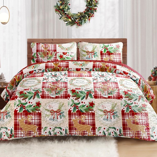 Exclusivo Mezcla Reversible Christmas Quilt Set Queen Size, 3 Pieces