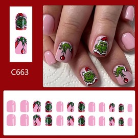 Christmas Press on Nails Short Fake Nails Square Fake Nails with Cartoon Green Haired Monster Designs Glue on Nails Winter Xmas Pink Acrylic False Nails for Women Girls Holiday Manicure 24Pcs