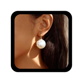 Jugielu Boho Large Round Pearl Earrings Big Pearls Drop Earring White Pearl Ball Dangle Earring Minimalist Pearls Earrings Round Beaded Dangle Hook Wedding Bridal Jewelry for Women
