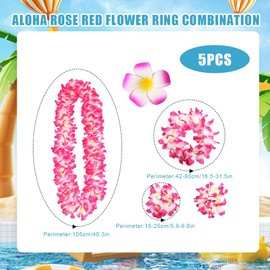 Hawaiian Garlands,5 Pcs Hawaiian Fancy Dress Set Aloha Flower Lei,Hawaiian Flower Necklace Headband Wristbands Hairpin for Adult Kid Beach Dance Performances Beach Party Accessories (Rose)