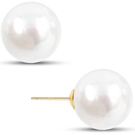 EFTKOY Big Pearl Earrings 18K Gold Plated Sterling Silver Large Faux Round Studs White Pearl Earrings for Women - 12mm
