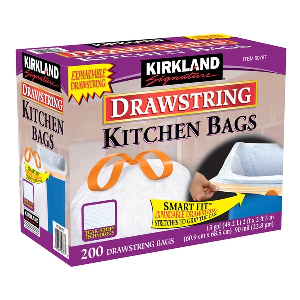 Kirkland Signature hsfuEFq Drawstring Kitchen Trash Bags - 13 Gallon, 200 Count (3 Pack)