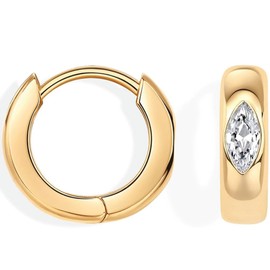 Wide Huggie Earrings with Marquise CZ | Bold Chunky CZ Huggie Hoops for Everyday | 18K Gold Sterling Silver Posts Womens Waterproof Gold Jewelry