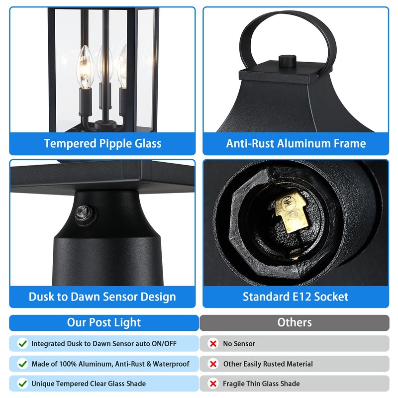 18.62'' Dusk to Dawn Post Light Outdoor, Large 3-Light Lamp