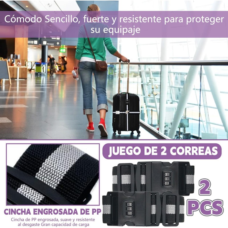 QICHEN Set de 2 Correas de Equipaje para Maletas Ajustable，4.2