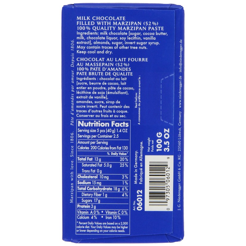Niederegger Marzipan Classic Bar, Milk, 3.5-Ounce (Pack of 6)