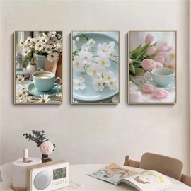AQCQDQ Set of 3 Poster Flowers, Pink Tulip Aesthetic Decorative Poster Set, Spring Warm Romantic Pink Flowers Decorative Painting Core Canvas Pictures Wall Decoration Wall Collages, Without Frame (30