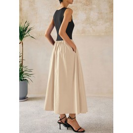 PRETTYGARDEN Women Maxi Dresses 2025 Summer Casual Sleeveless Patchwork Knit Tank Dress Flowy Beach Sundress Long Dress (Beige Black,Medium)