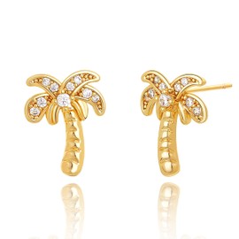 FETTERO Stud Earrings for Women - 14K Gold Plated CZ Hypoallergenic Earrings Studs Charm Coconut Tress Gold Earrings for Women Summer Beach Jewelry
