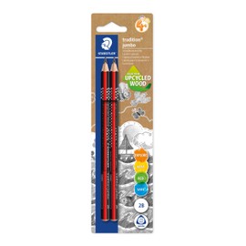 STAEDTLER jumbo 1285 Learning to Write Pencil, Made from Upcycled Wood, Non-Slip Soft Surface, Made in Germany, Blister Card with 2 Pencils 2B, 1285-0 BK2