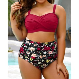 Yonique Women Plus Size Two Piece Swimsuits High Waisted Bathing Suits Bandeau Bikini Tummy Control Swimwear Red and Floral 18 Plus