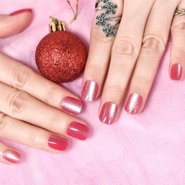 iMABC Glossy Shiny Peach Red Press On Nails Round Short Nails Salon Manicure Glitter Gel Nail Art Tips Fake Nals Reusable Acrylic False Nails Stick On Nails for Women Girls