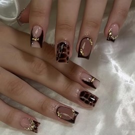 Uñas postizas cuadradas cortas con punta francesa en marrón y diseños de diamantes de imitación, uñas postizas con cobertura total de tortuga brillant
