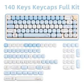 COOMICKEY Cute Cat Keycaps, Blue Custom PBT Keycaps 60 65 75 100 Percent, MOG Profile Dye-Sub Keycap, Kawaii 140 Keys Keycap Set 61/68/84/87/100/104/108 Gaming Mechanical Keyboard