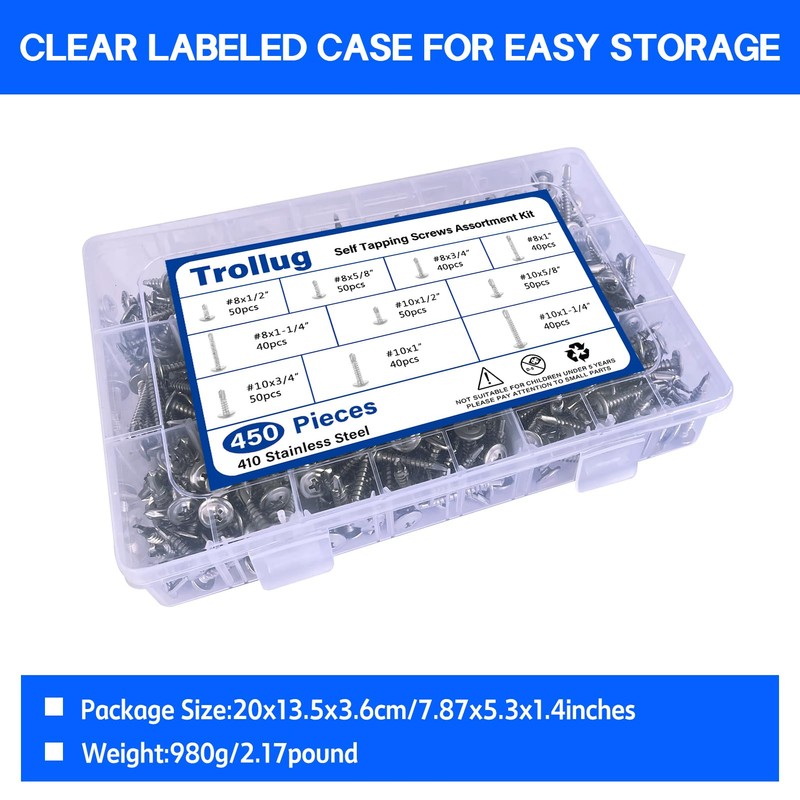 450PCS Self Tapping Screws for Metal, 410 Stainless Steel Self