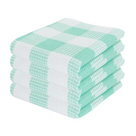PurpleEssences 100% Cotton Waffle Weave Check Plaid Kitchen Towels, Super Soft and Absorbent Dish Towels for Drying Dishes 15 x 25-4 Pack - Turquoise and White