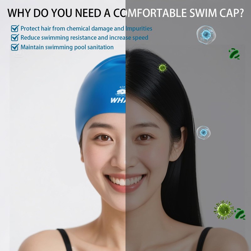 Whale Silicone Swim Cap - Waterproof, Non-Slip, High Elasticity -