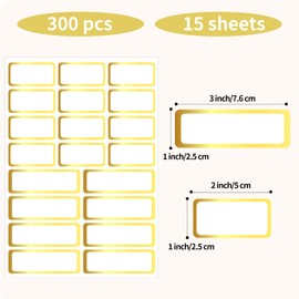 Gold Labels Stickers, Removable Blank Labels Gold Border, Self-Adhesive Rectangular Stickers Water/Oil/Tear Resistant for Storage, Classroom, Home (2 Size, 300 Sheet)