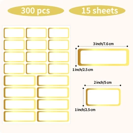 Gold Labels Stickers, Removable Blank Labels Gold Border, Self-Adhesive Rectangular Stickers Water/Oil/Tear Resistant for Storage, Classroom, Home (2 Size, 300 Sheet)