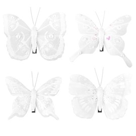 Christmas 8 Pack White Clip on Feather Butterflies with Glitter Tree Decoration