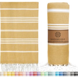Madamelique Turkish Beach Towel Oversized - 39 x 74 - Prewashed Beach Towels Oversized - Quick Dry - Sand Free - Beach Essentials - Travel Towel - Hand Loomed (Mediterranean Without Bag, Gold)