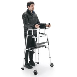 GYMAX Folding Walker, Adjustable Standard Walker with Removable Armrest, Seat, Wheeled Rolling Rehabilitation Auxiliary Walking Aid for Senior, Disabled, Limited Mobility