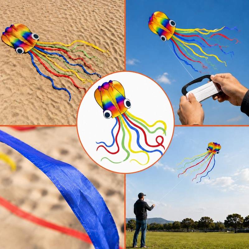 Colourful Octopus Kite with Long Tails for Family and Beach