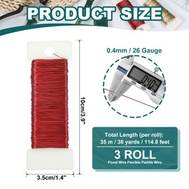 PATIKIL 26 Gauge Floral Flexible Paddle Wire, 115 Yard (345 Feet) Florist Wreath Wire for Crafts Flower Arrangement, Red 3 Rolls