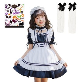 Mudgada S811 Girls Maid Outfit, Luxurious 7-Piece Full Set, Maid Cosplay Costume (Dress, Choker, Headband, Apron, Cuffs, Socks, Halloween Tattoos), Costume, Elementary School Girls Costume, Black