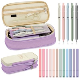 Henoyso 18 Pcs Aesthetic Bible Study Supplies Include Big Capacity Pen Bag with Zipper 12 Pcs Chisel Tip Bible Highlighters 5 Pcs Quick Dry Retractable Black Ink Pens for Office(Purple)