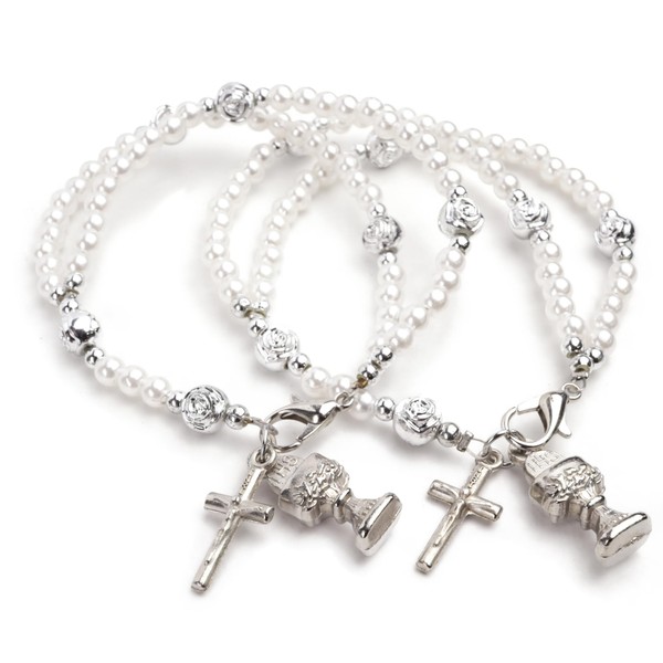 Needzo First Communion Bracelets, Faux Pearl Beads with Chalice and