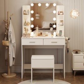Otterease Vanity Desk with LED Lighted Mirror, Makeup Vanity with 3 Adjustable Lights, 2 Large Drawers and 4 Open Shelves, Vanity with Storage Stool for Bedroom, White