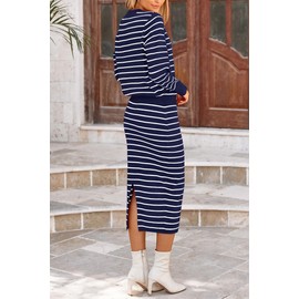 PRETTYGARDEN Women's 2 Piece Striped Sweater Set Casual Fall Long Sleeve Knit Pullover Midi Skirts Matching Travel Outfits (Royal Blue White Stripe,Medium)