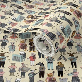 Peel & Stick Wallpaper Swatch - Musical Animal Yellow Instruments Childrens Nursery Instrument Custom Removable Wallpaper by Spoonflower